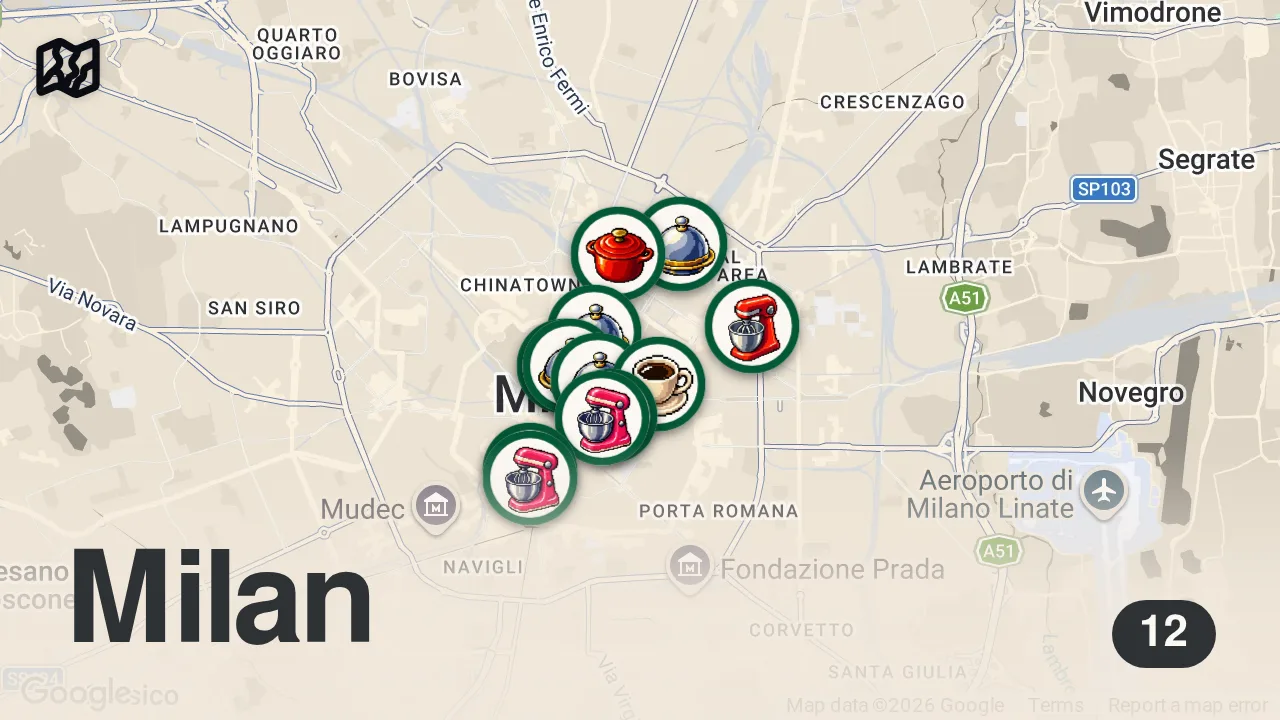 Map of 12 researched spots in Milan