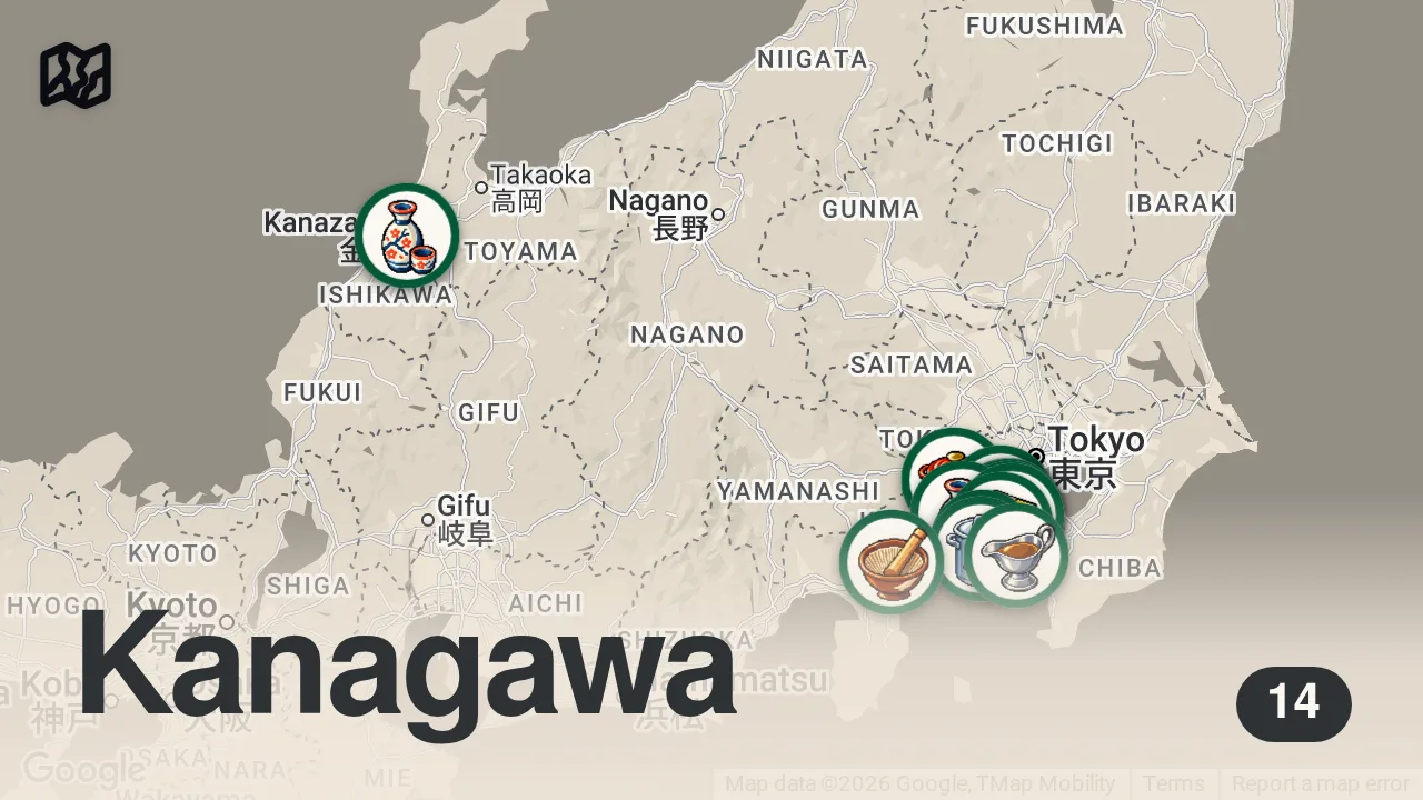 Map of 14 researched spots in Kanagawa