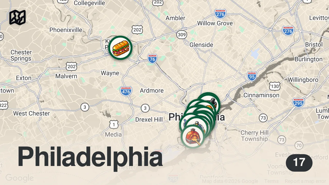 Map of 17 researched spots in Philadelphia