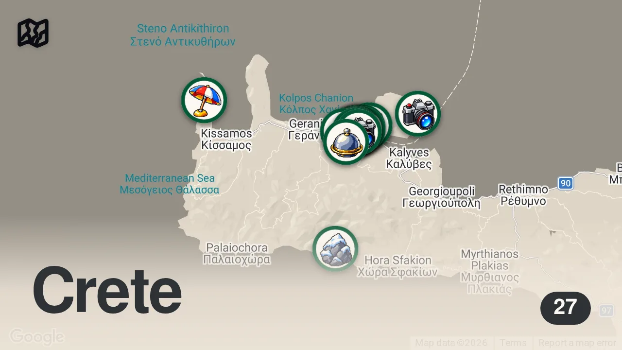 Map of 27 researched spots in Chaniá