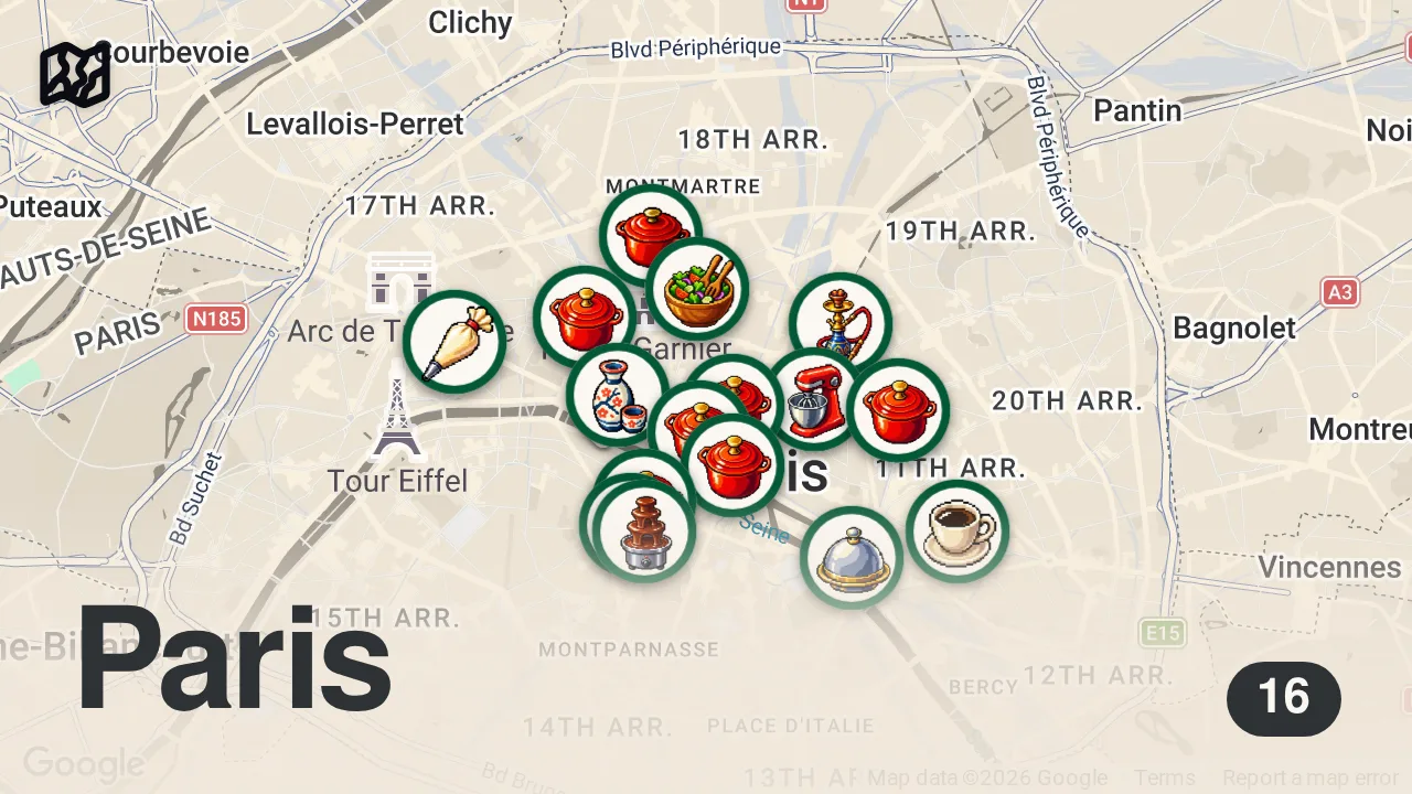 Map of 16 researched spots in Paris