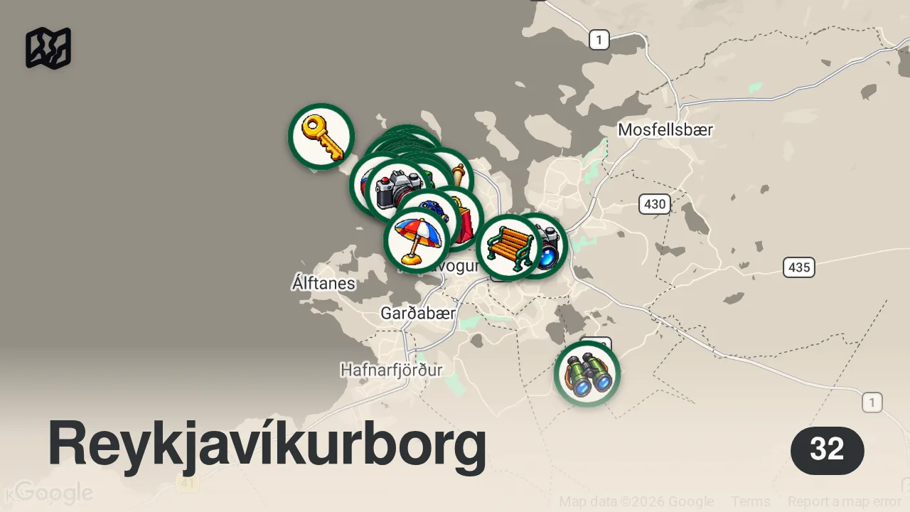Map of 32 researched spots in Reykjavík