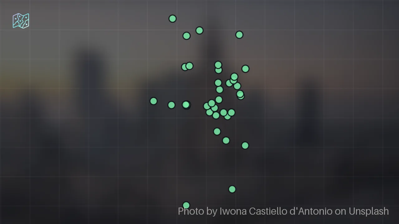 Map of 38 researched spots in Warsaw