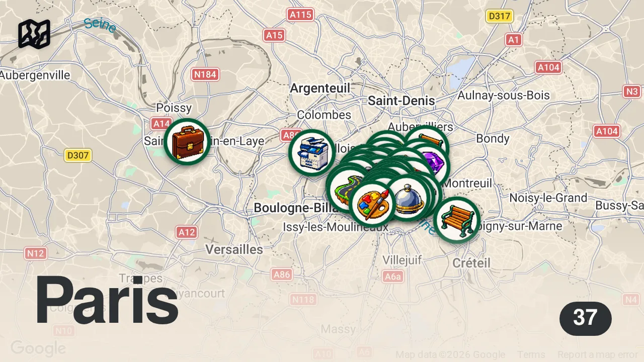 Map of 37 researched spots in Paris