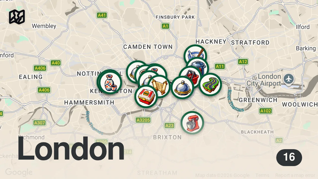 Map of 16 researched spots in London