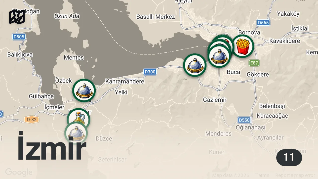 Map of 11 researched spots in İzmir