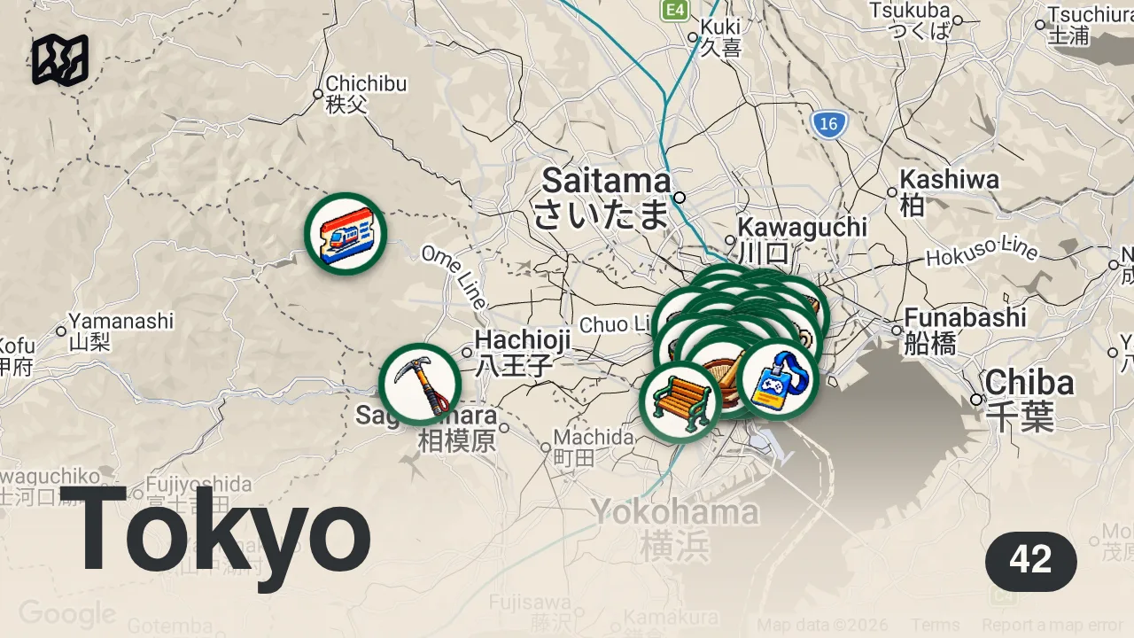 Map of 42 researched spots in Tokyo