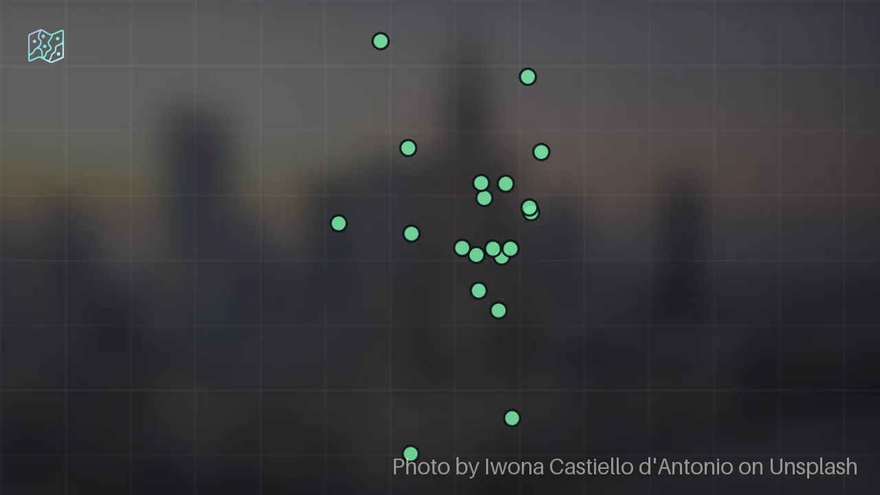Map of 21 researched spots in Warsaw