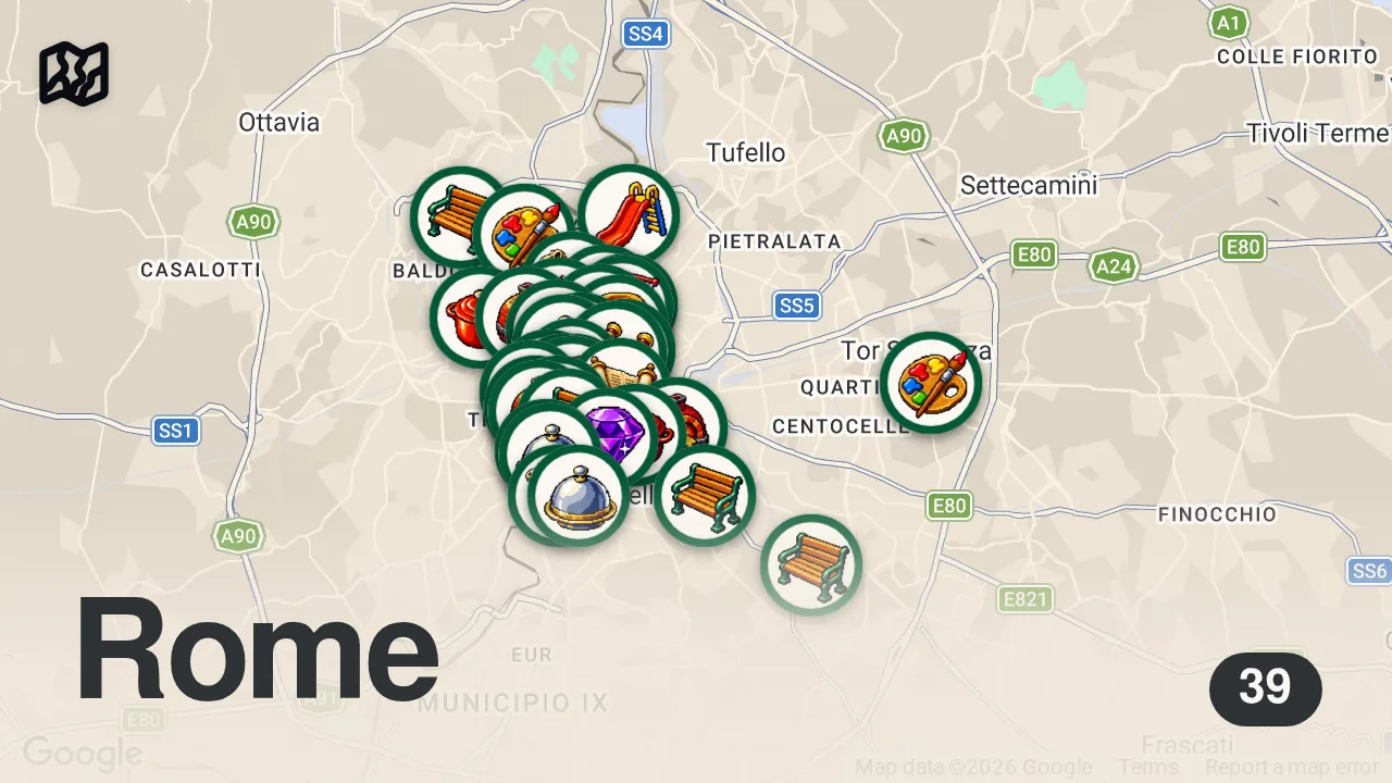 Map of 39 researched spots in Rome