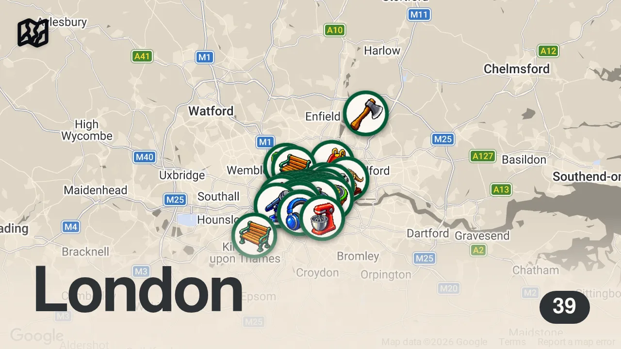 Map of 39 researched spots in London