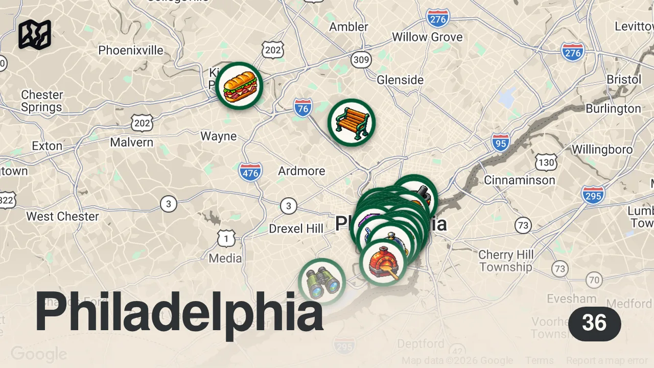 Map of 36 researched spots in Philadelphia