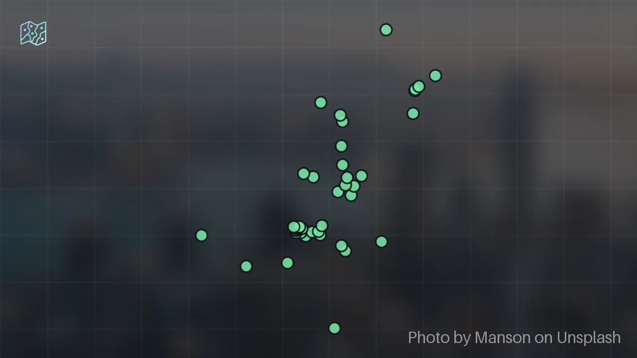 Map of 45 researched spots in Hong Kong