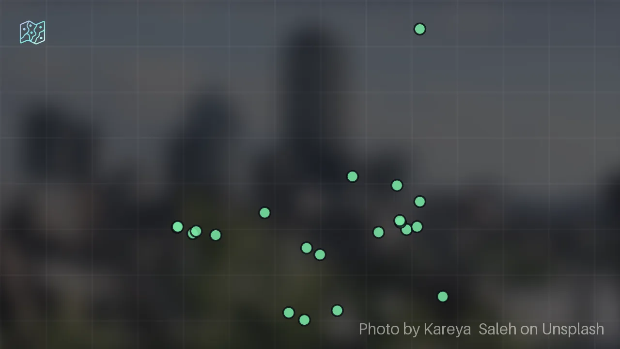 Map of 21 researched spots in Boston