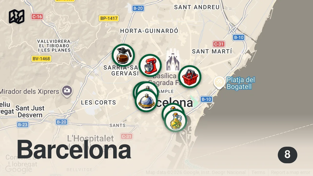 Map of 8 researched spots in Barcelona