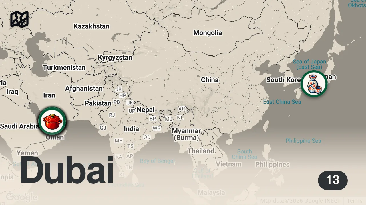 Map of 13 researched spots in Dubai