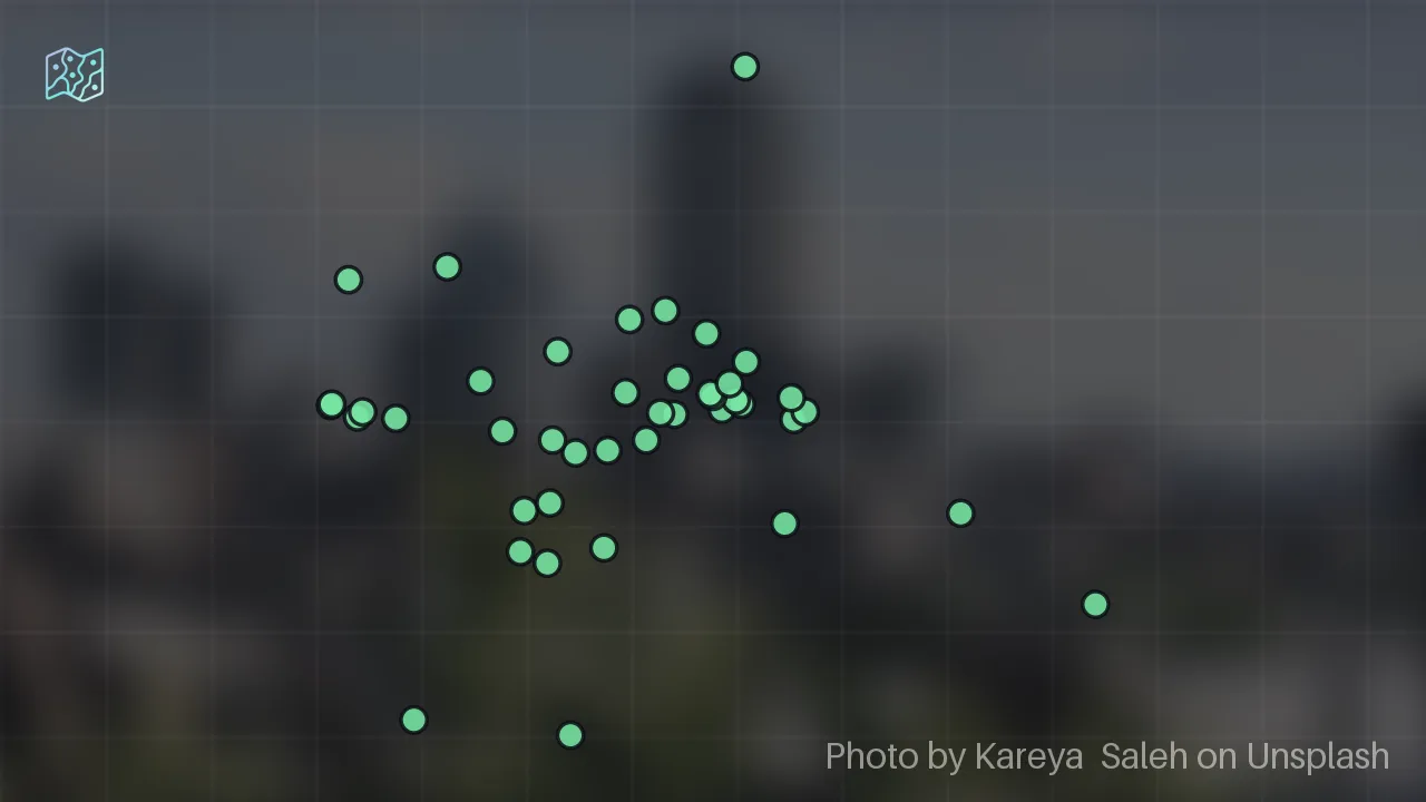 Map of 42 researched spots in Boston