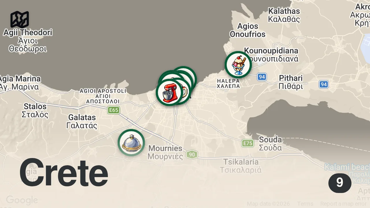 Map of 9 researched spots in Chaniá