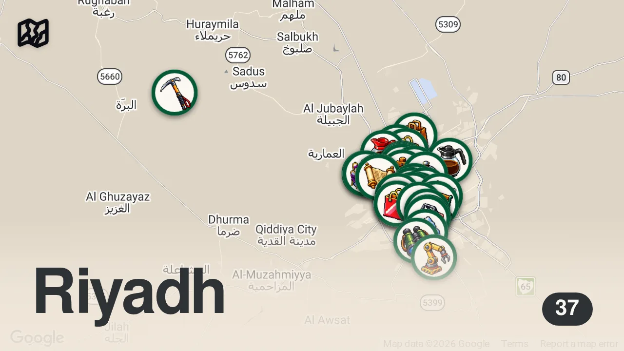 Map of 37 researched spots in Riyadh