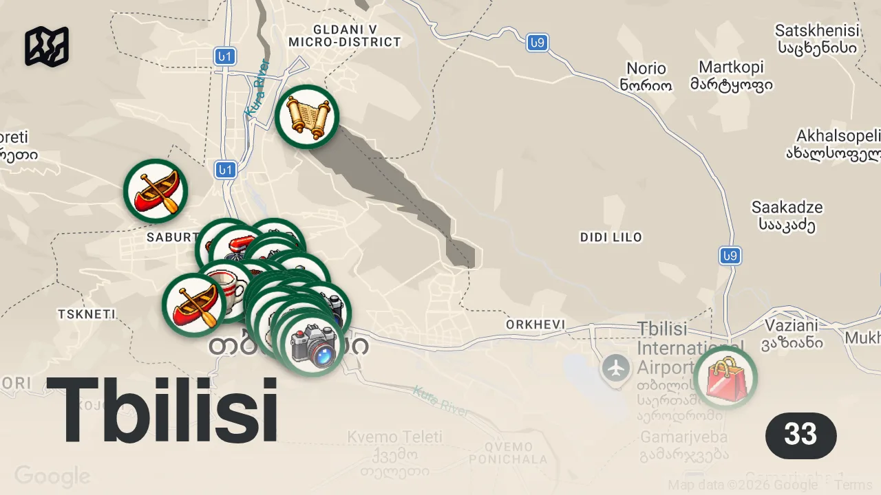 Map of 33 researched spots in Tbilisi