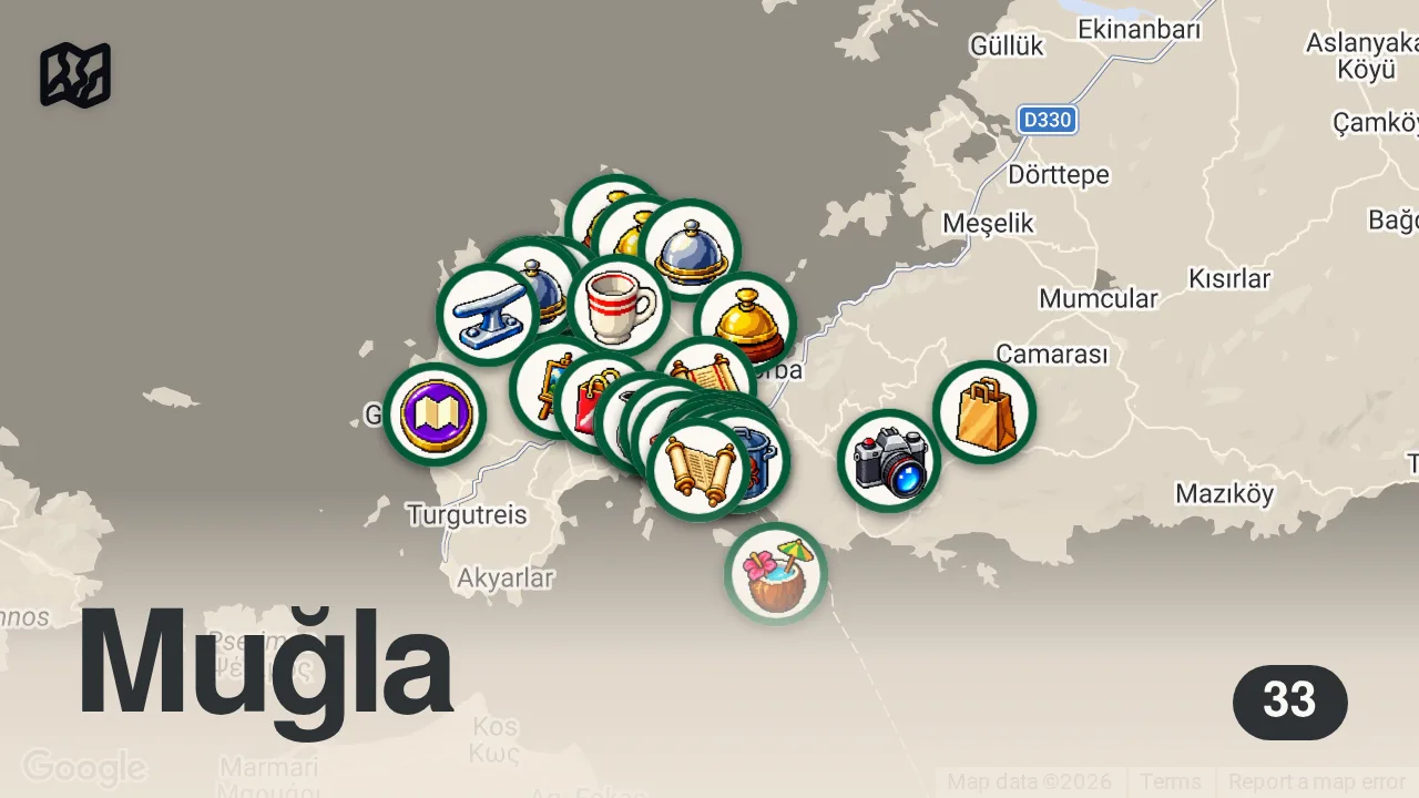 Map of 33 researched spots in Bodrum