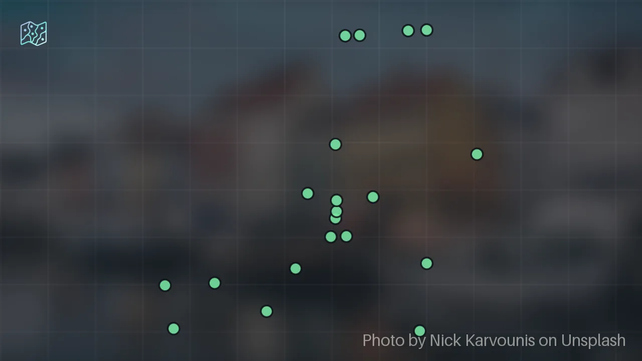 Map of 20 researched spots in Copenhagen