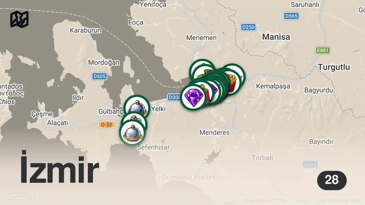 Map of 28 researched spots in İzmir