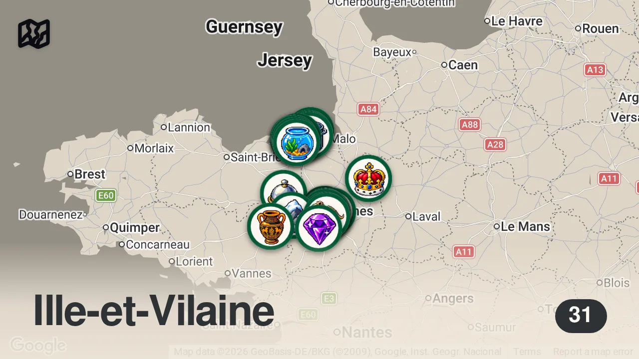 Map of 31 researched spots in Ille-et-Vilaine