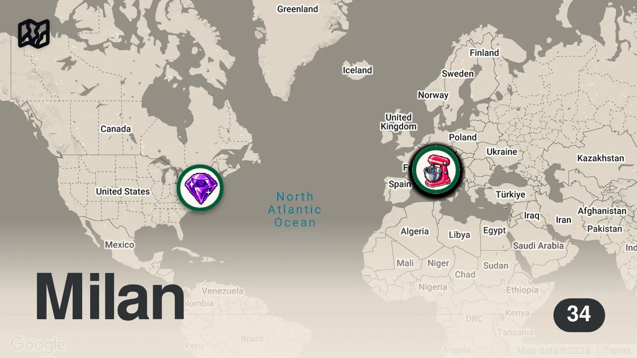 Map of 34 researched spots in Milan