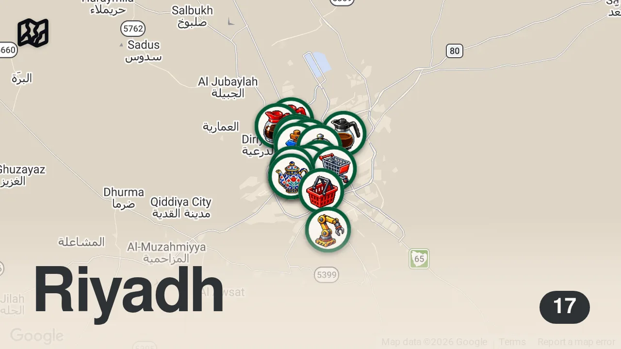Map of 17 researched spots in Riyadh