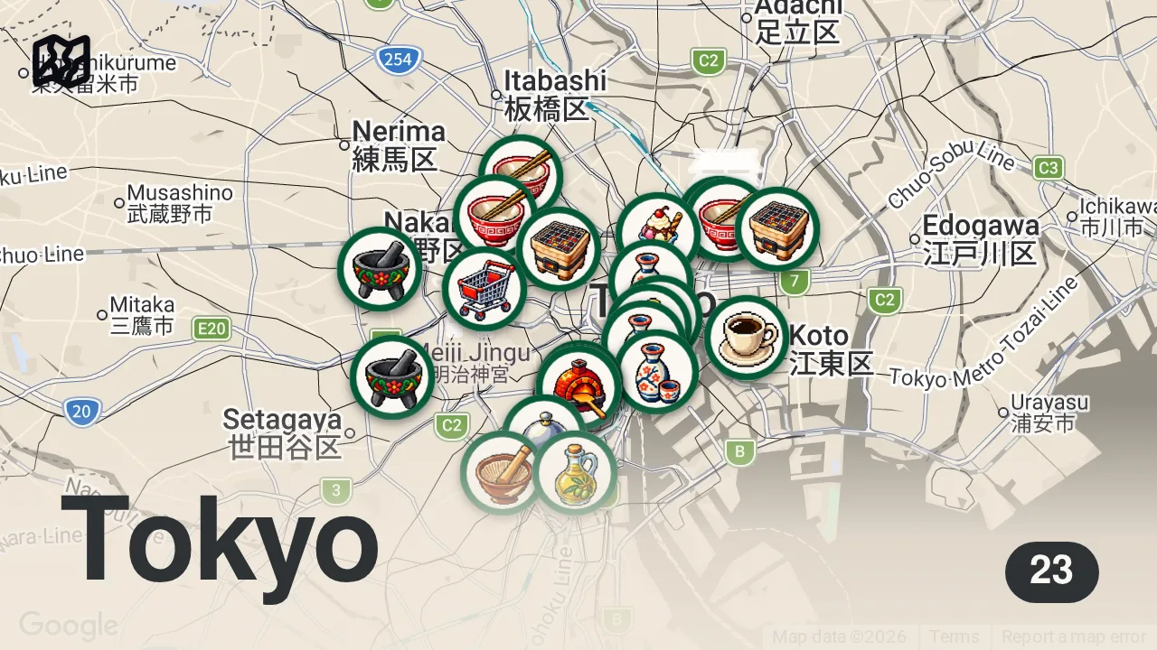 Map of 23 researched spots in Tokyo