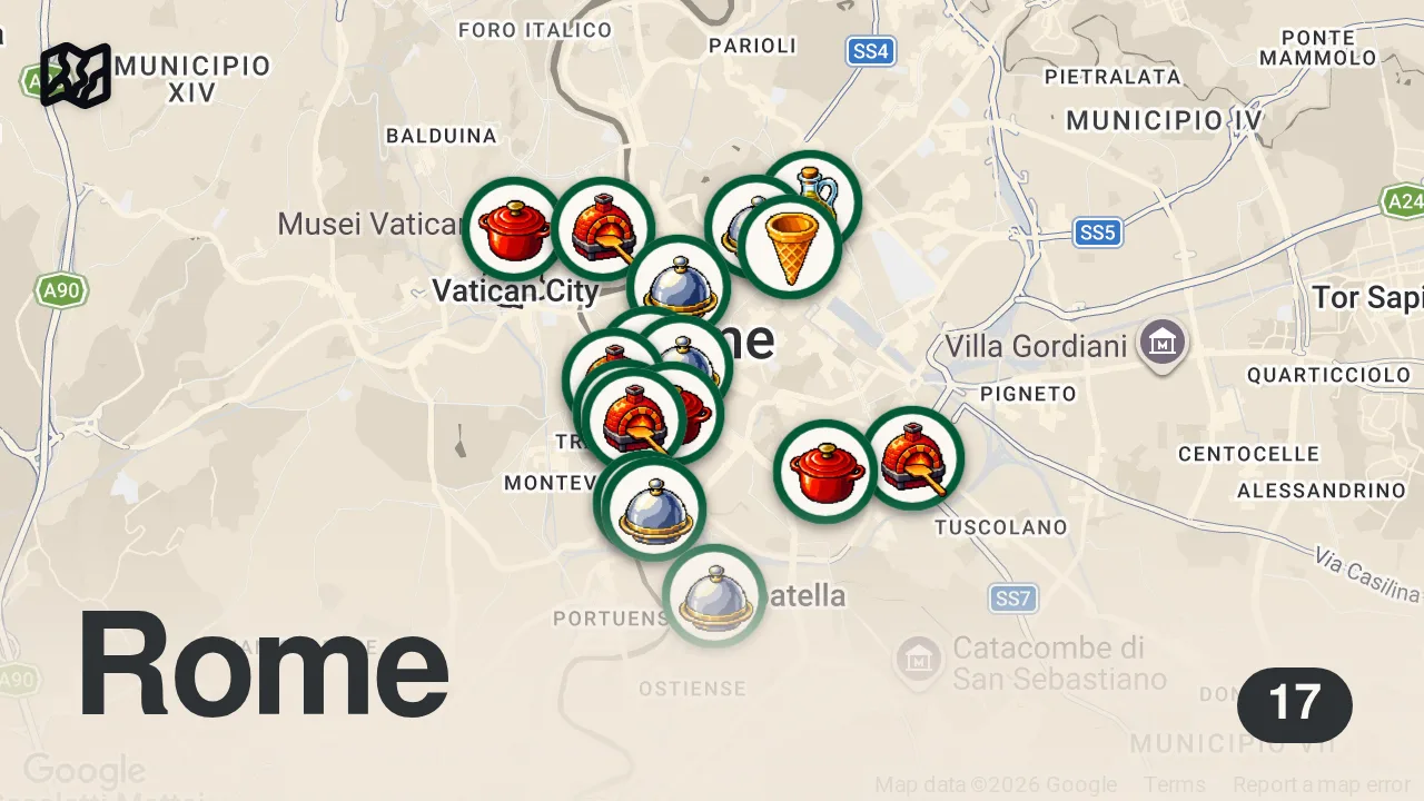Map of 17 researched spots in Rome