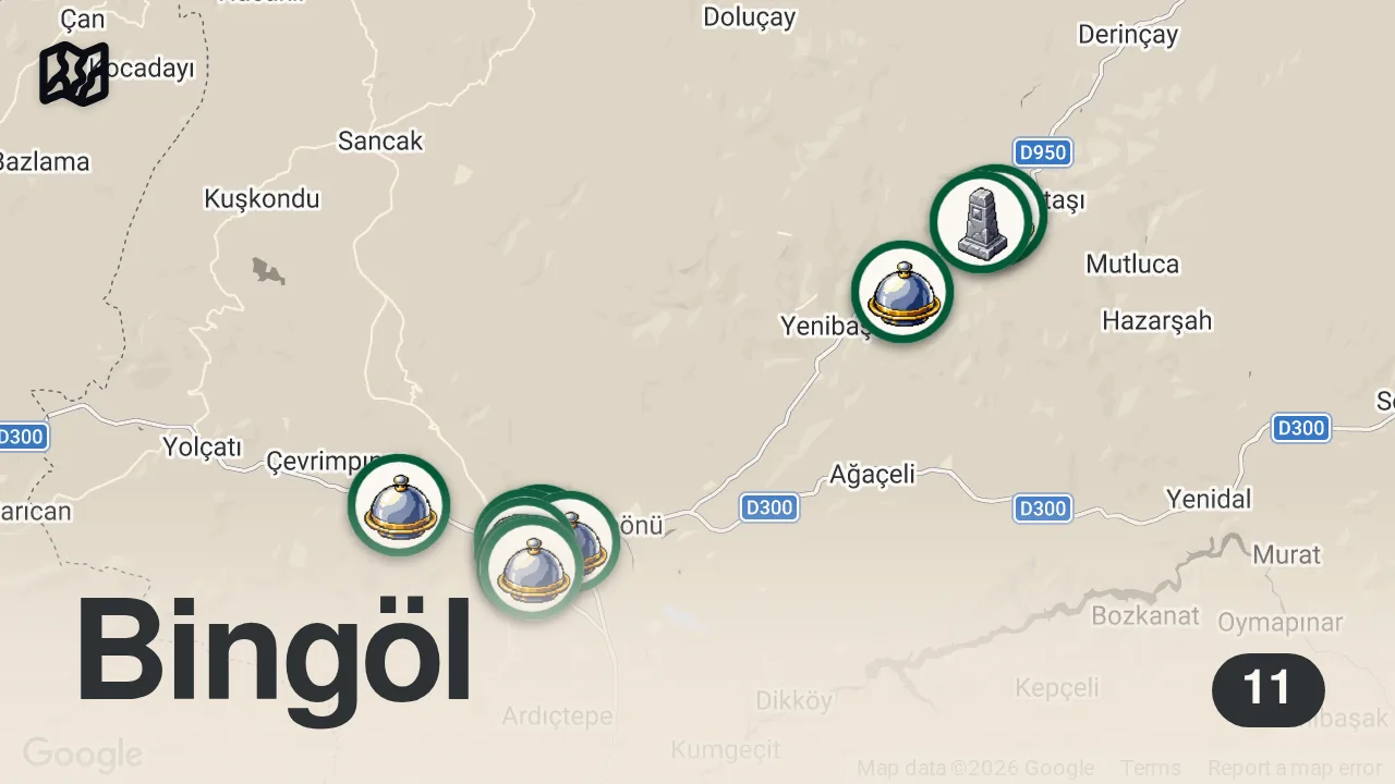 Map of 11 researched spots in Bingöl