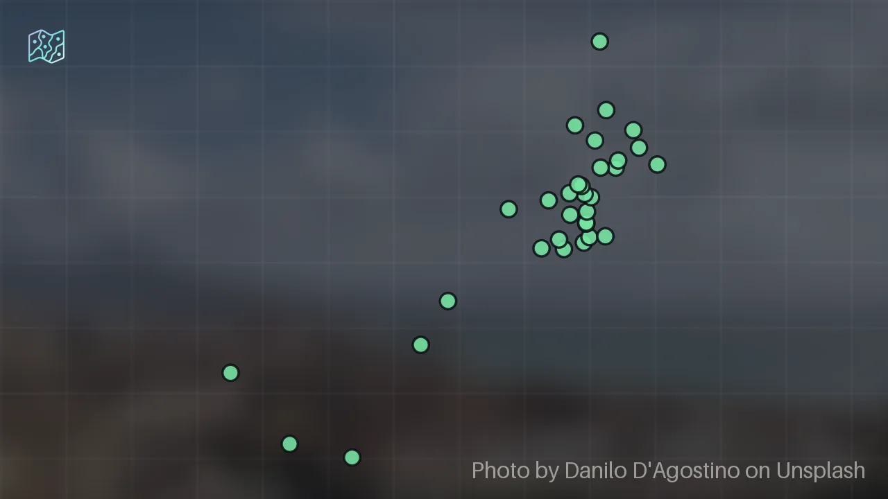 Map of 34 researched spots in Naples