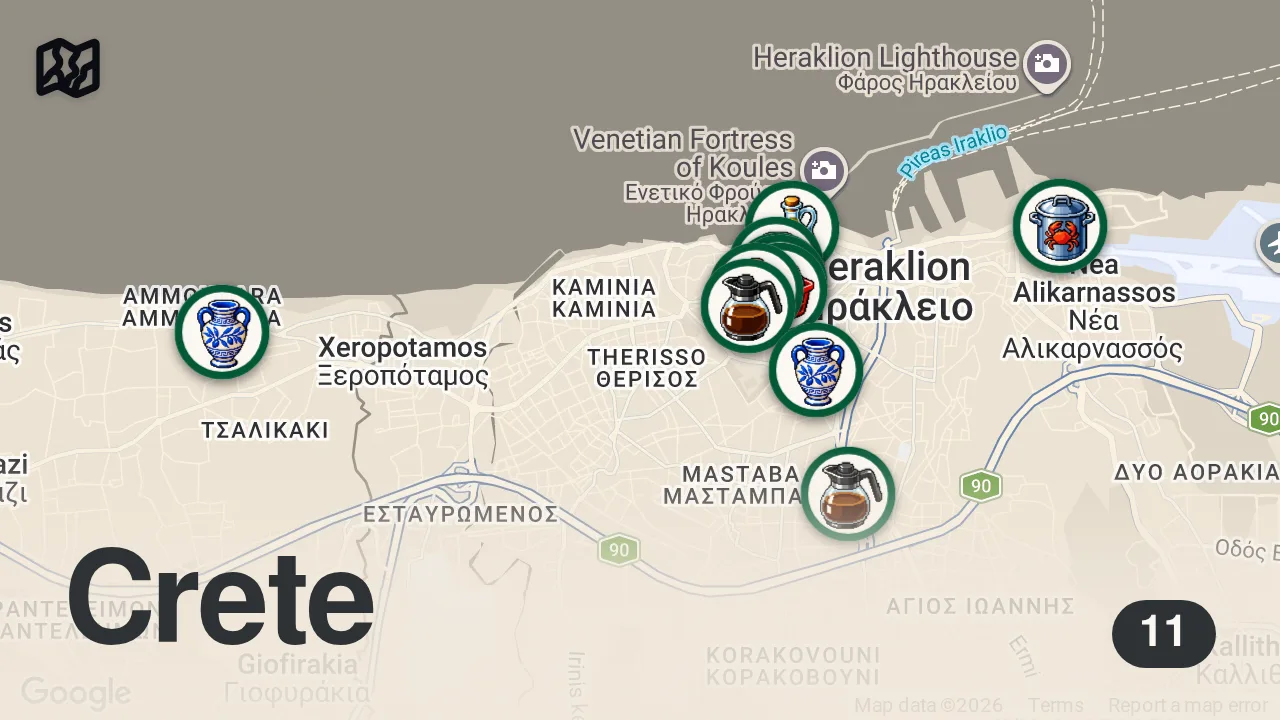Map of 11 researched spots in Irákleio