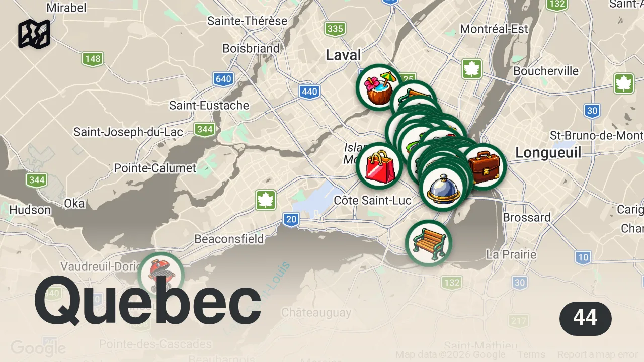 Map of 44 researched spots in Montréal