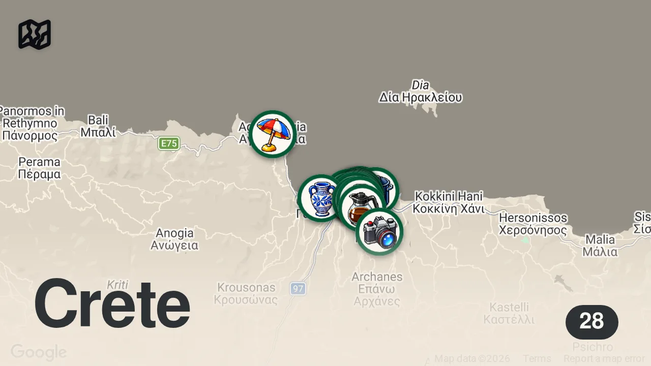 Map of 28 researched spots in Irákleio