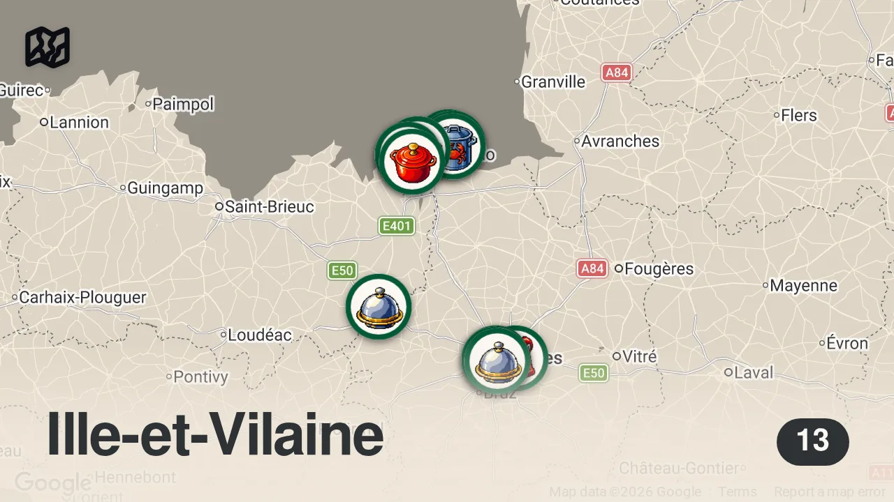 Map of 13 researched spots in Ille-et-Vilaine