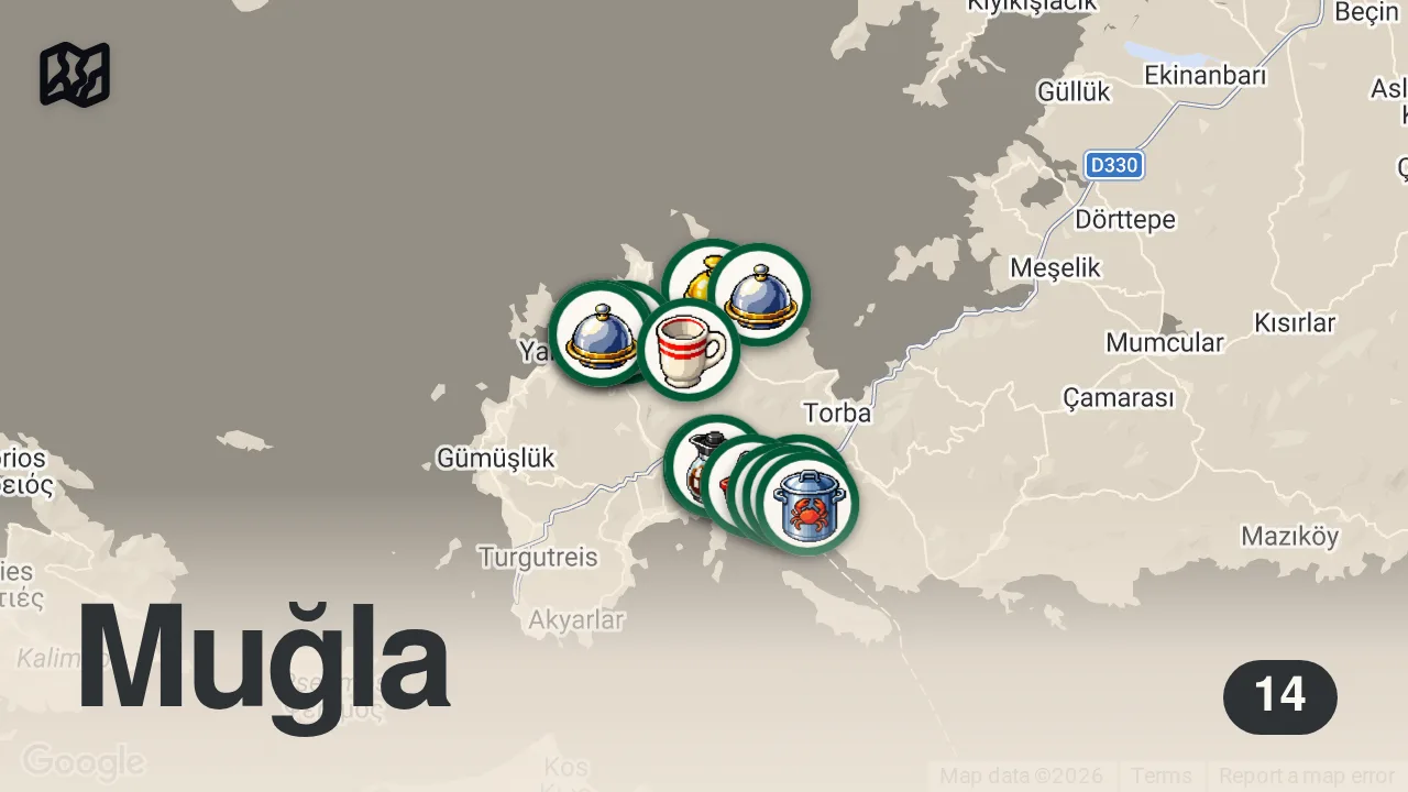 Map of 14 researched spots in Bodrum