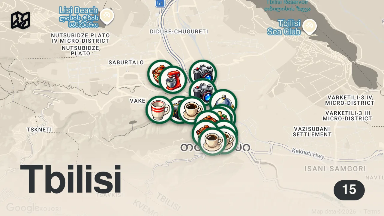 Map of 15 researched spots in Tbilisi