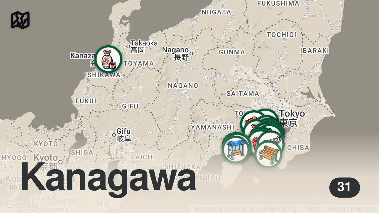 Map of 31 researched spots in Kanagawa