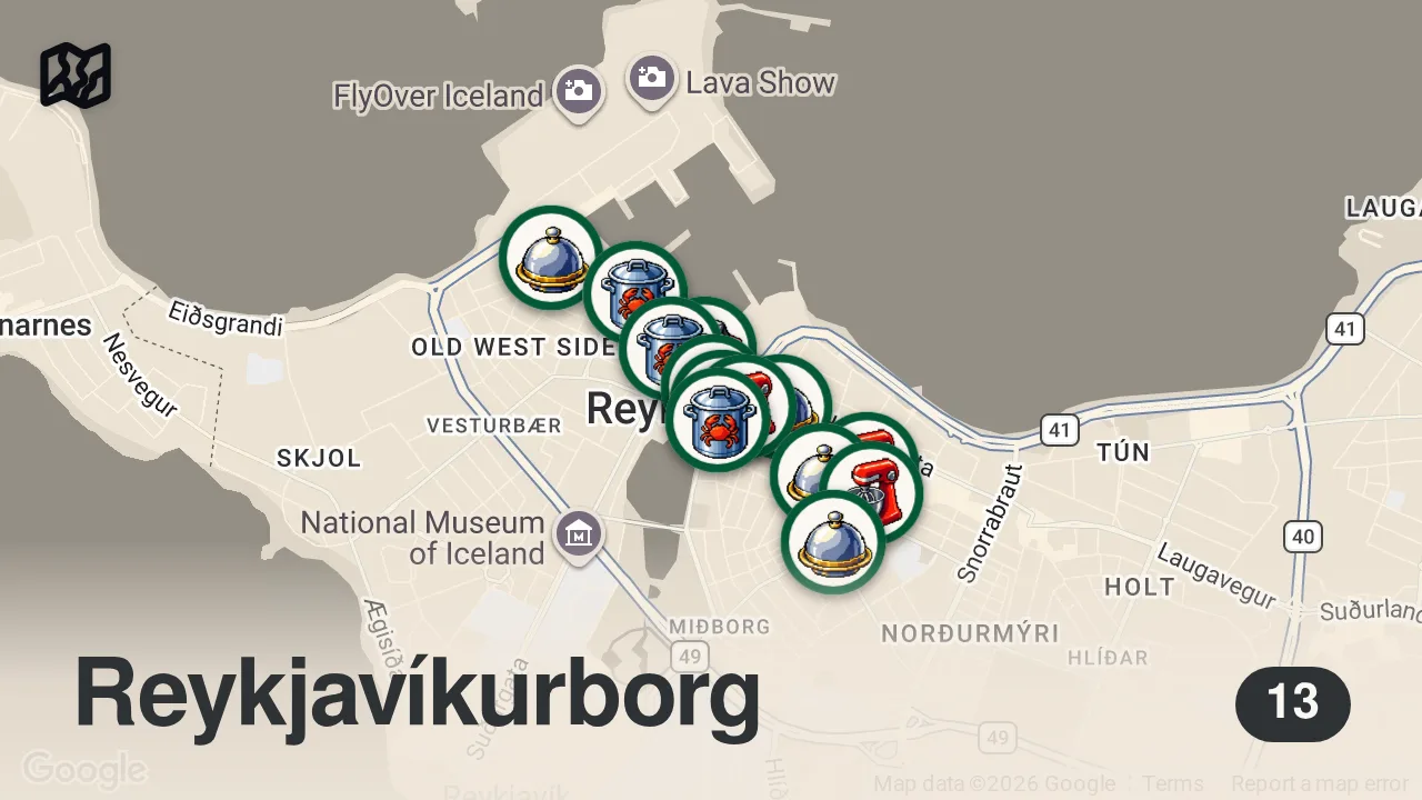 Map of 13 researched spots in Reykjavík