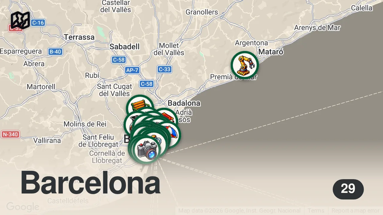Map of 29 researched spots in Barcelona