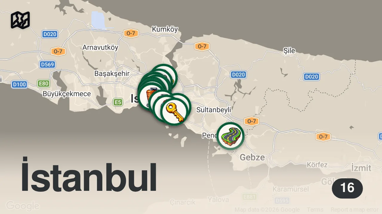 Map of 16 researched spots in İstanbul