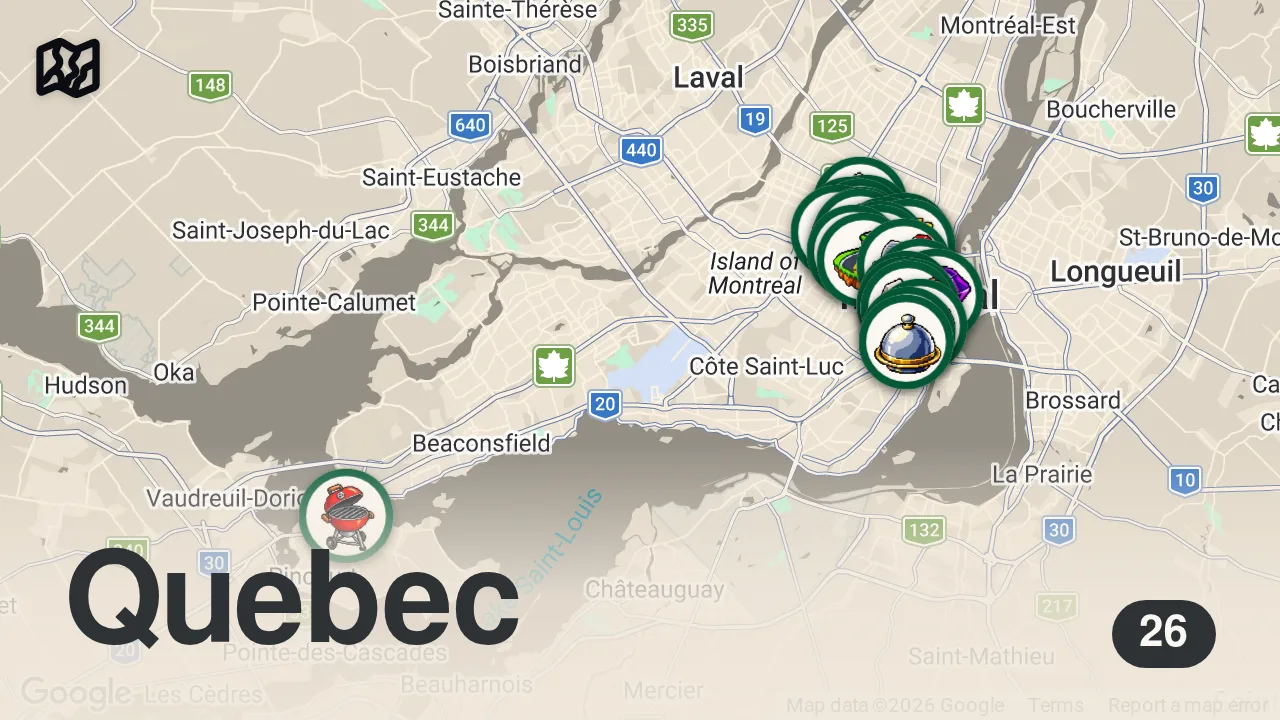 Map of 26 researched spots in Montréal