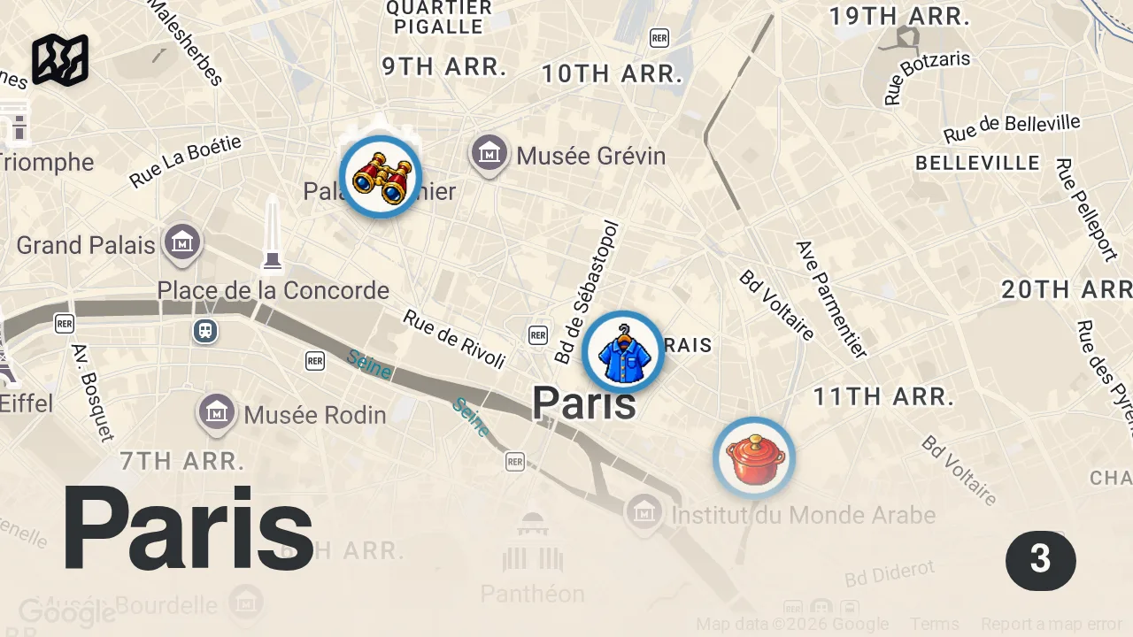 Map of 3 spots from BU TUR 40.000 LİRA | PARİS TÜRÜ