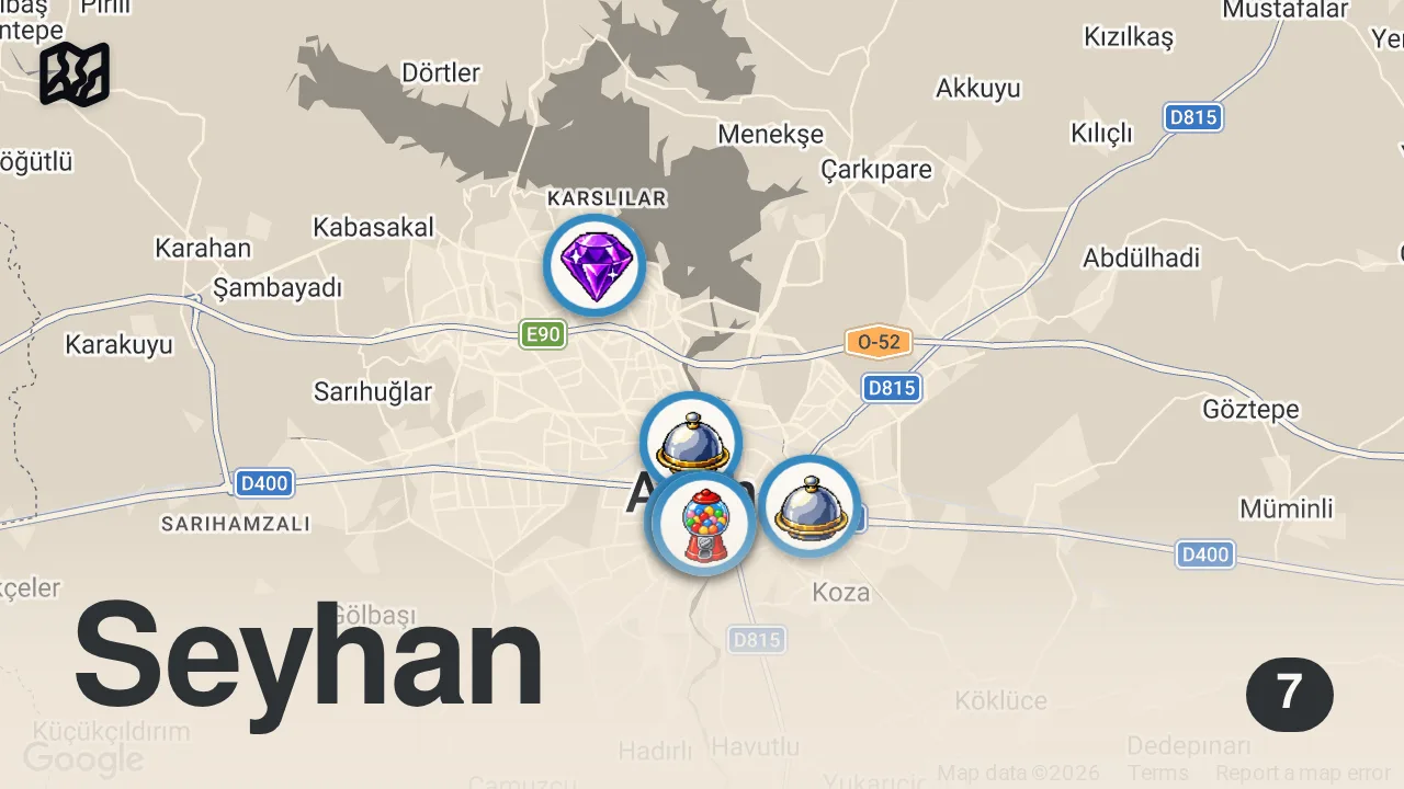 Map of 7 spots from ADANA LEZZET REHBERİ (Jet kebap, kaburga şiş, et tava, patlıcan kebabı) - Ayaküstü Lezzetler