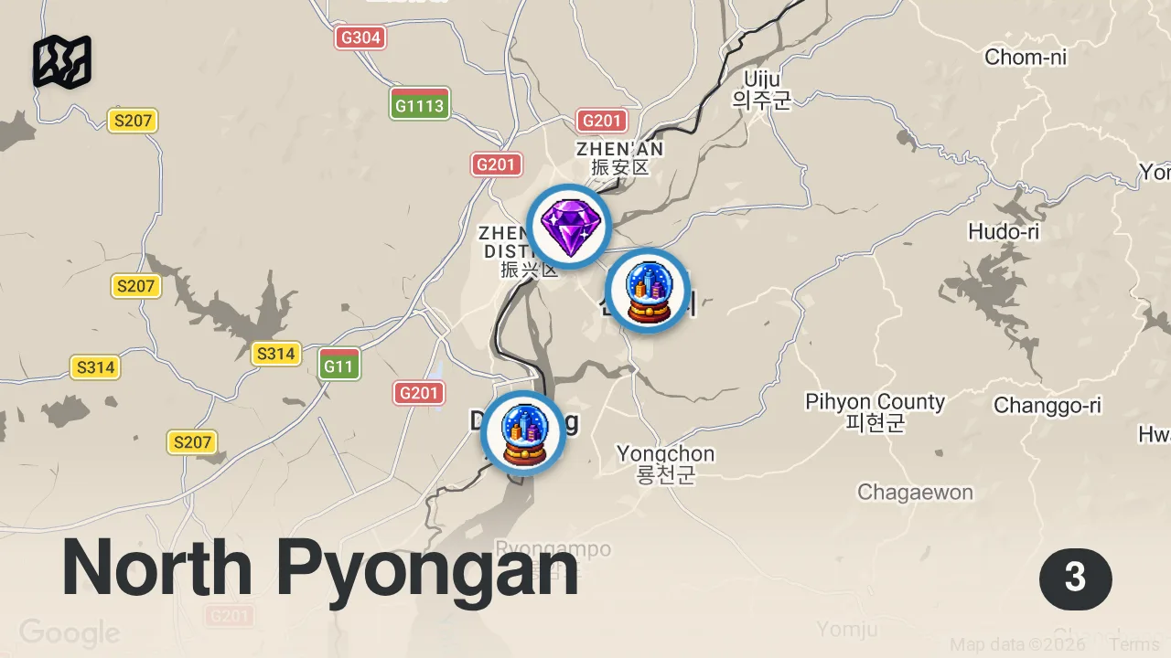 Map of 3 spots from ๐จ๐ณ ๐ฐ๐ต China-North Korea Border Food Tour: Market & Daily Life in Dandong, China