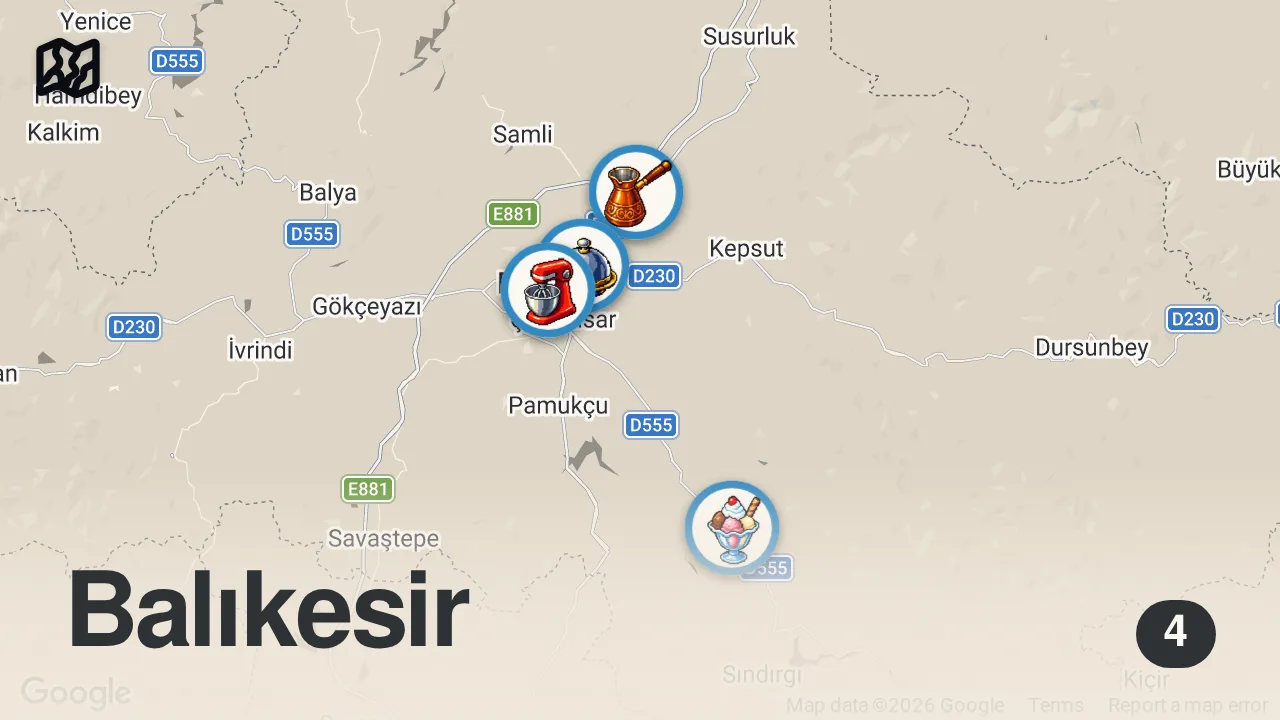 Map of 4 spots from BALIKESİR LEZZET REHBERİ | Kelle Paça, Tirit, Kuzu Kavurma, Balıkesir Kaymaklısı