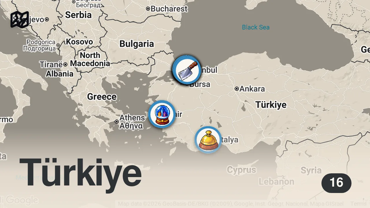 Map of 16 spots from ISTANBUL’S BEST SANDWICHES – 4 Must-Try Stops on the European Side