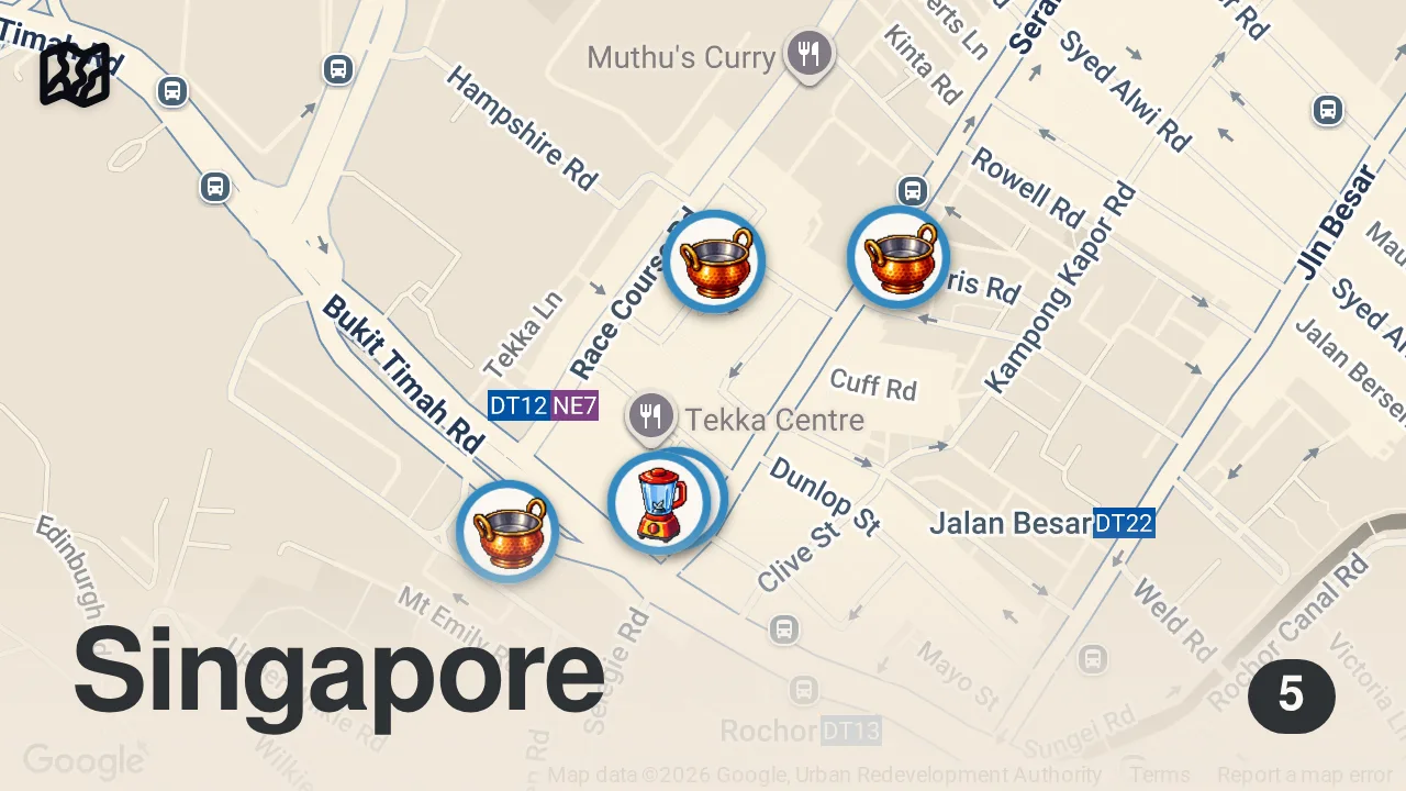 Map of 5 spots from Indian Street Food in Singapore!! KING OF CHAPATI - Best Food in Little India!!